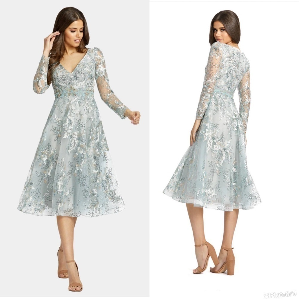 Mac Duggal Embellished Illusion Long Sleeve A Line Dress